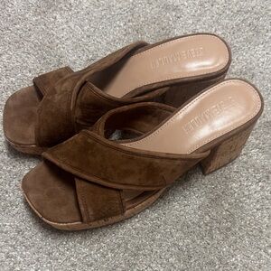 Steve Madden Brown Suede Cross-Strap Cork Block Heel Mules